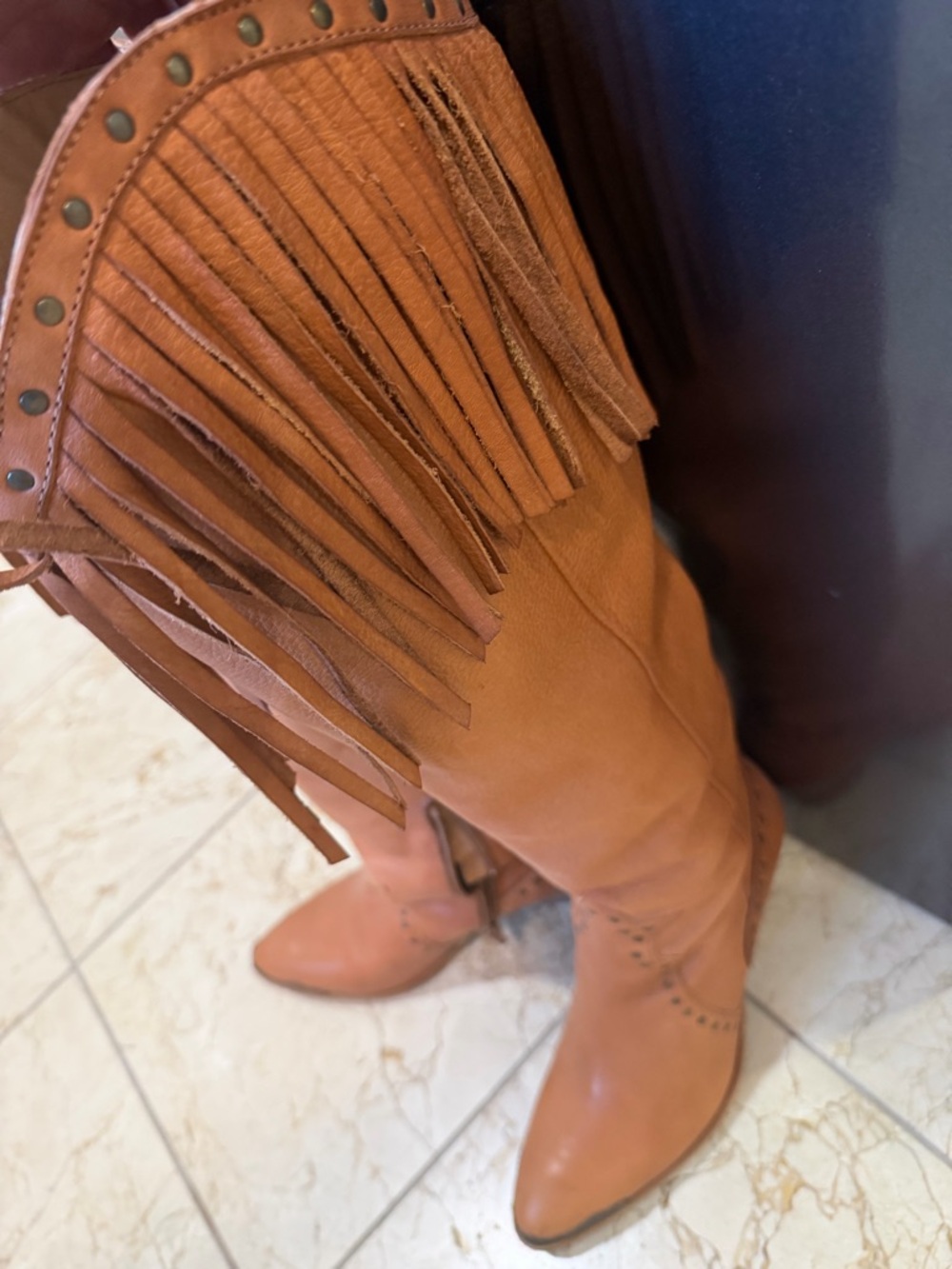 Concert/Festival Fringed -Knee High-Boots in Cognac Super Soft - Picture 3 of 7